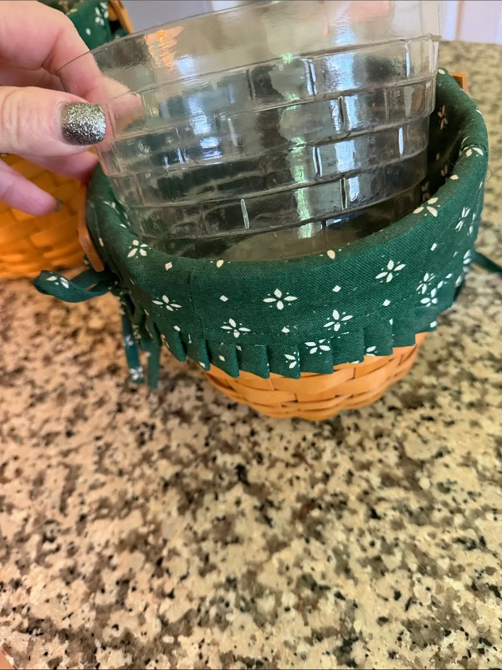 Longaberger Natural Basket Pair with Dark Green Floral Liners
